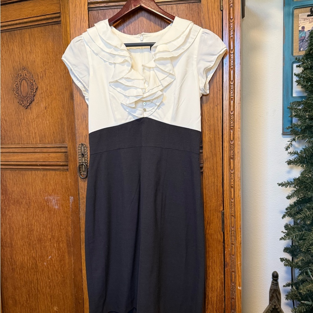 Boston Proper Elegant Black and Cream Midi Dress